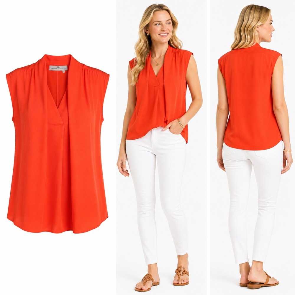 Amanda Uprichard Silk Blouse Wms Size P Orange Sleeveless Drape Front Modern lux